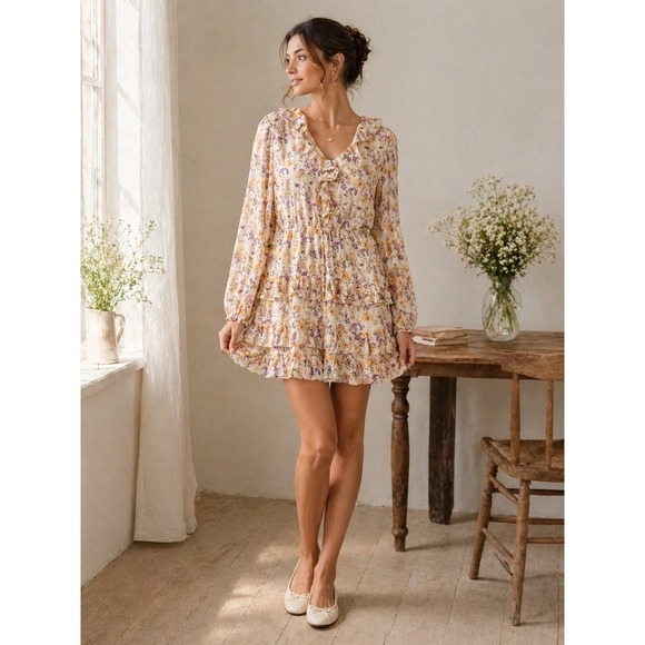 Lucy Paris Dresses & Skirts - Lucy Paris Floral Ruffle Mini Dress Womens Size Medium Long Sleeve V-Neck Tiered